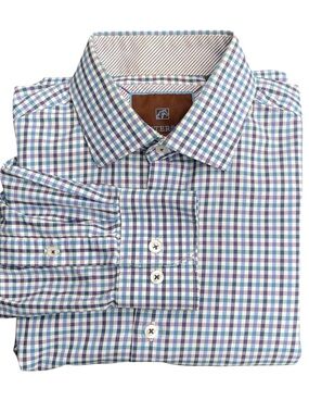 Tattersall London Cotton White/Blue/Purple Check Dress Shirt (15.5)